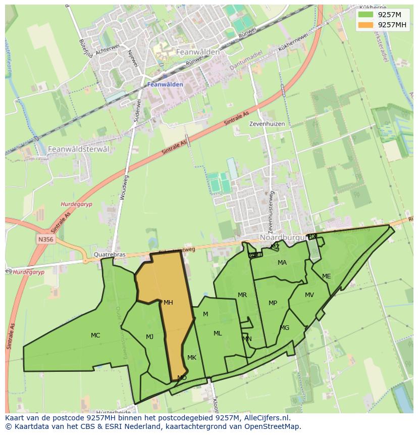 Afbeelding van het postcodegebied 9257 MH op de kaart.
