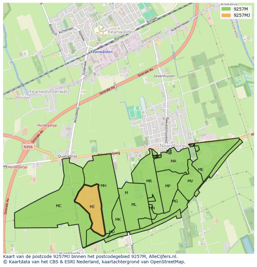 Afbeelding van het postcodegebied 9257 MJ op de kaart.