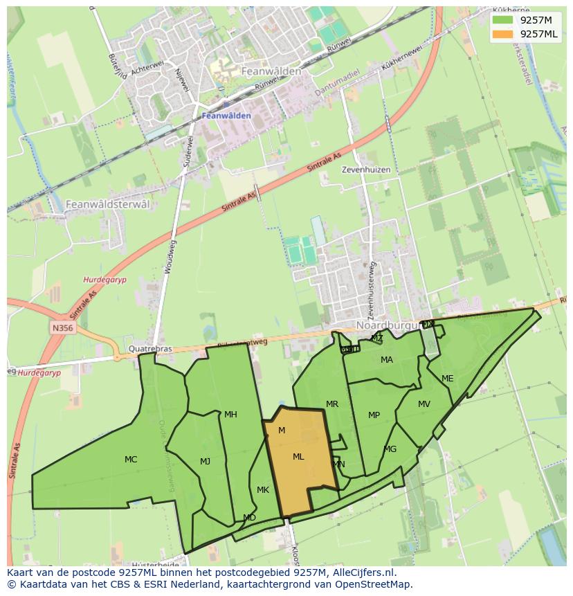 Afbeelding van het postcodegebied 9257 ML op de kaart.