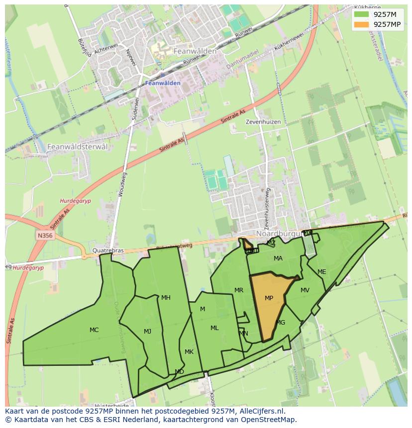 Afbeelding van het postcodegebied 9257 MP op de kaart.