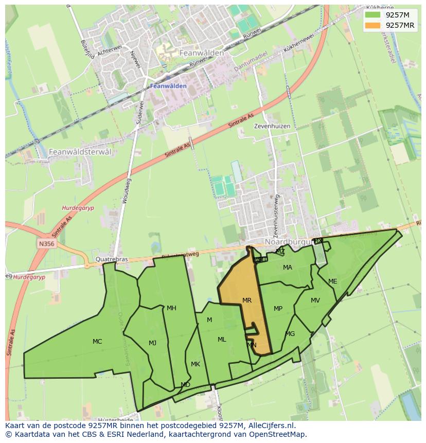 Afbeelding van het postcodegebied 9257 MR op de kaart.