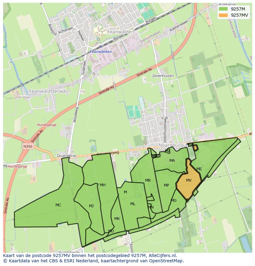 Afbeelding van het postcodegebied 9257 MV op de kaart.
