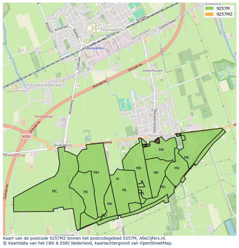Afbeelding van het postcodegebied 9257 MZ op de kaart.