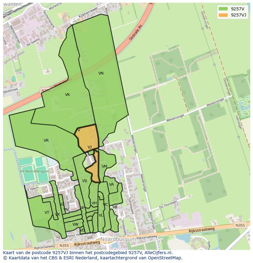 Afbeelding van het postcodegebied 9257 VJ op de kaart.