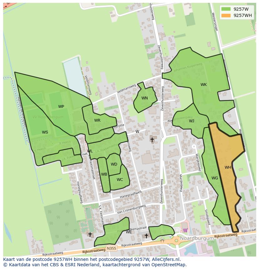 Afbeelding van het postcodegebied 9257 WH op de kaart.