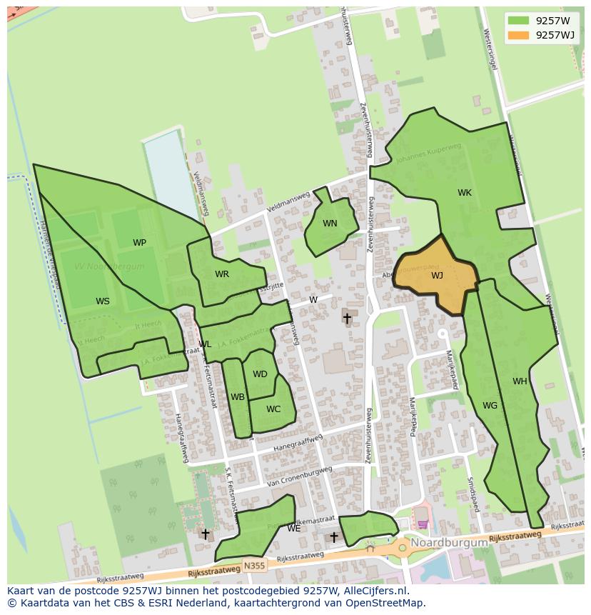 Afbeelding van het postcodegebied 9257 WJ op de kaart.
