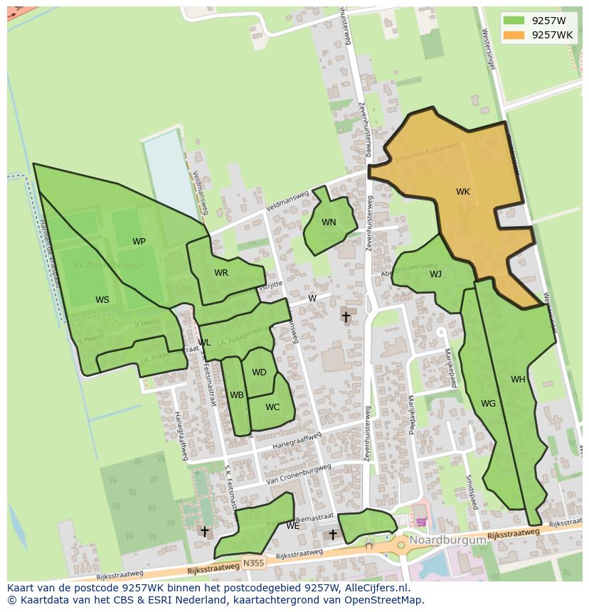 Afbeelding van het postcodegebied 9257 WK op de kaart.