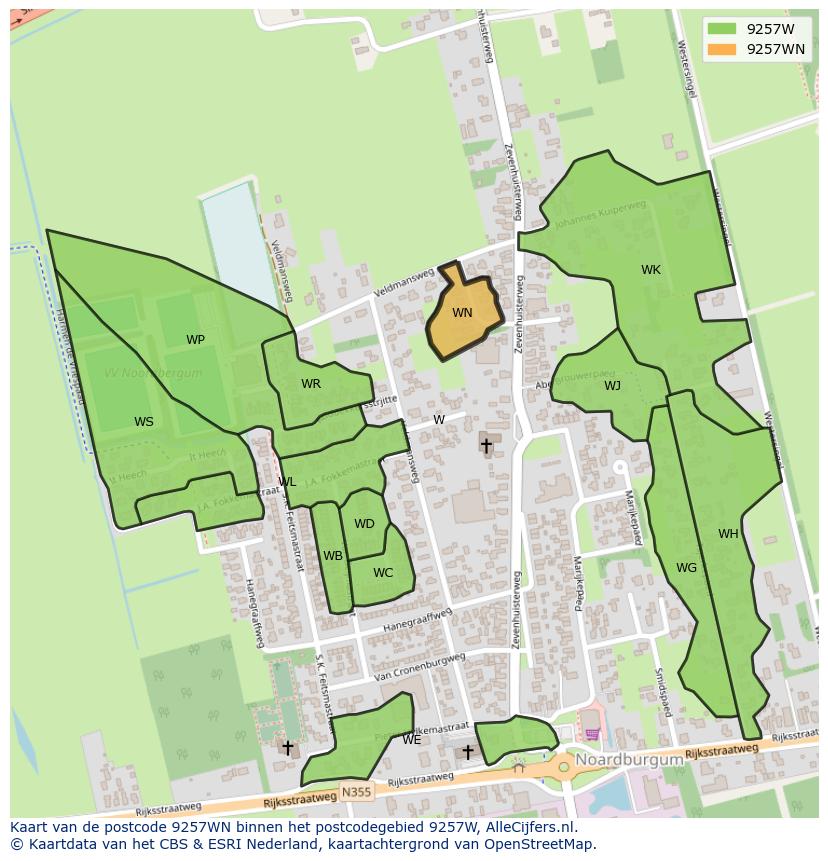 Afbeelding van het postcodegebied 9257 WN op de kaart.