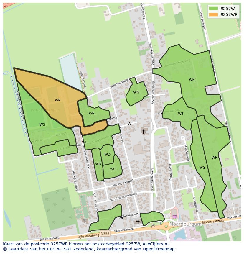 Afbeelding van het postcodegebied 9257 WP op de kaart.