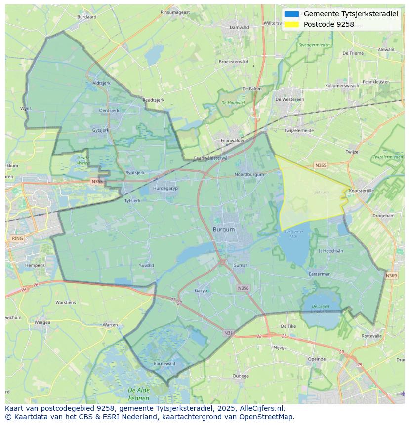 Afbeelding van het postcodegebied 9258 op de kaart.