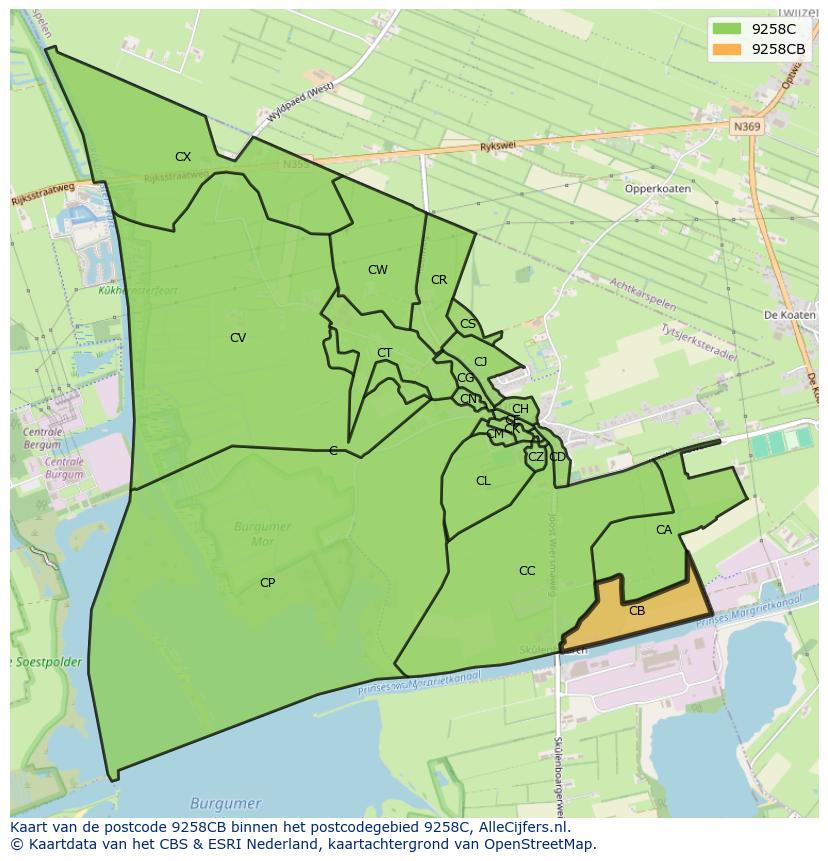 Afbeelding van het postcodegebied 9258 CB op de kaart.