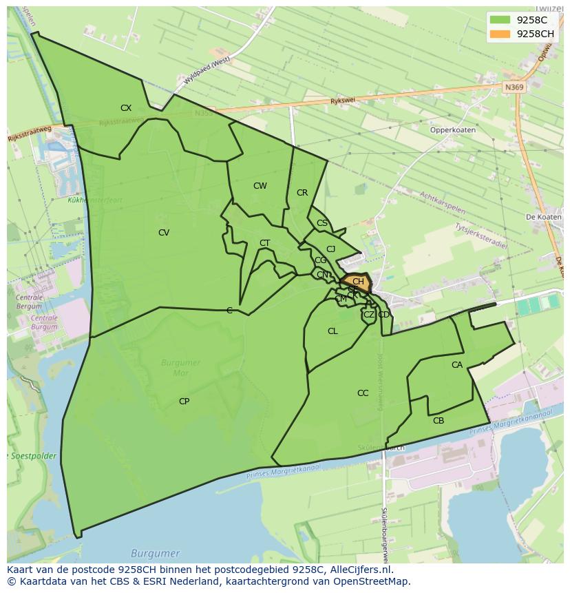 Afbeelding van het postcodegebied 9258 CH op de kaart.