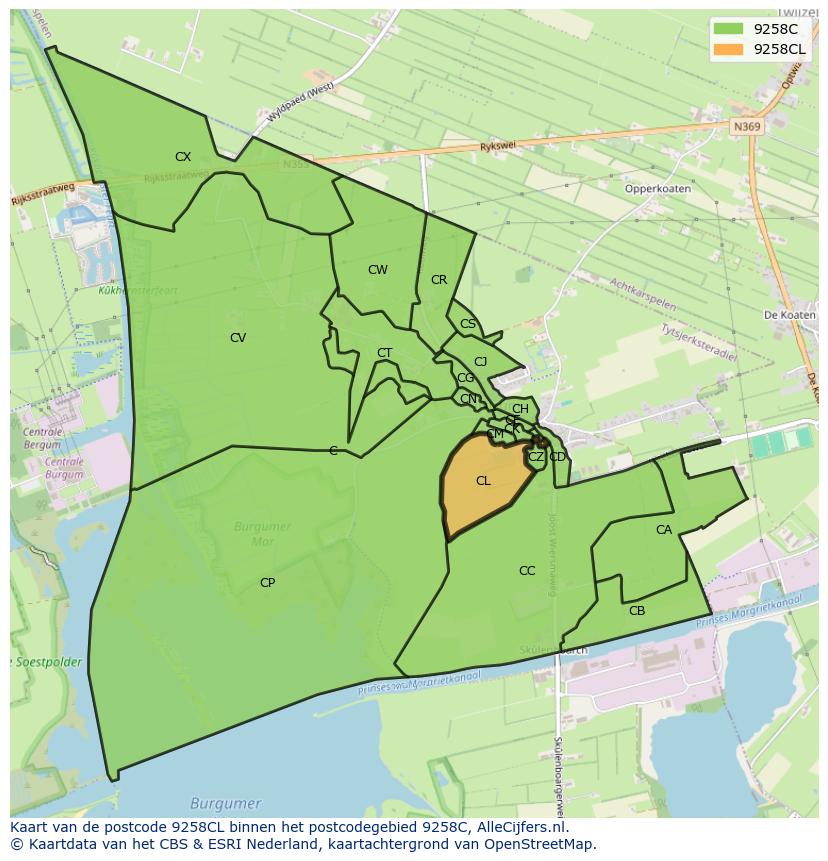 Afbeelding van het postcodegebied 9258 CL op de kaart.