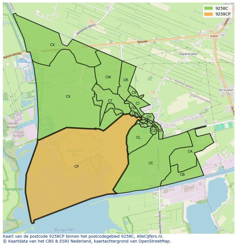 Afbeelding van het postcodegebied 9258 CP op de kaart.