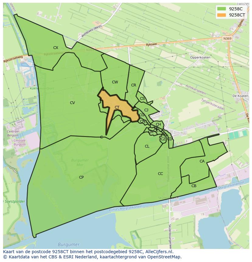 Afbeelding van het postcodegebied 9258 CT op de kaart.