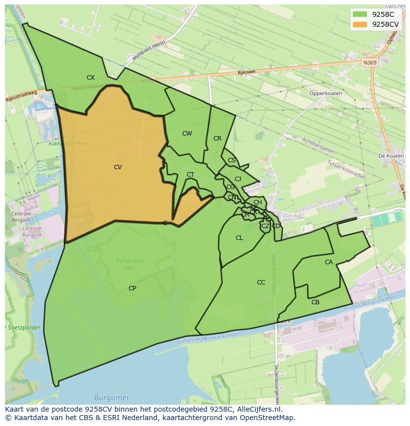 Afbeelding van het postcodegebied 9258 CV op de kaart.