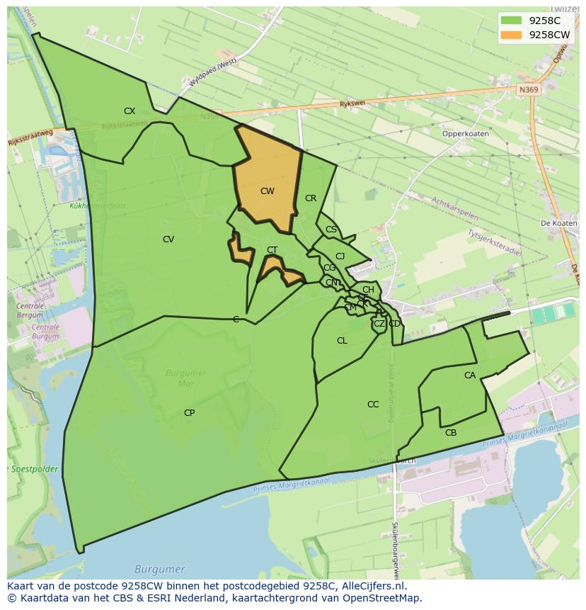 Afbeelding van het postcodegebied 9258 CW op de kaart.