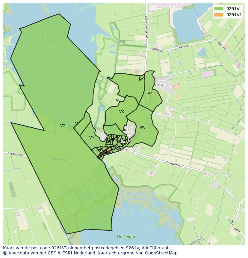 Afbeelding van het postcodegebied 9261 VJ op de kaart.
