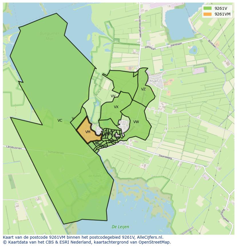 Afbeelding van het postcodegebied 9261 VM op de kaart.
