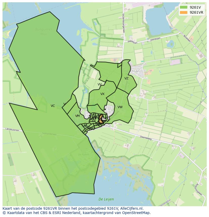 Afbeelding van het postcodegebied 9261 VR op de kaart.