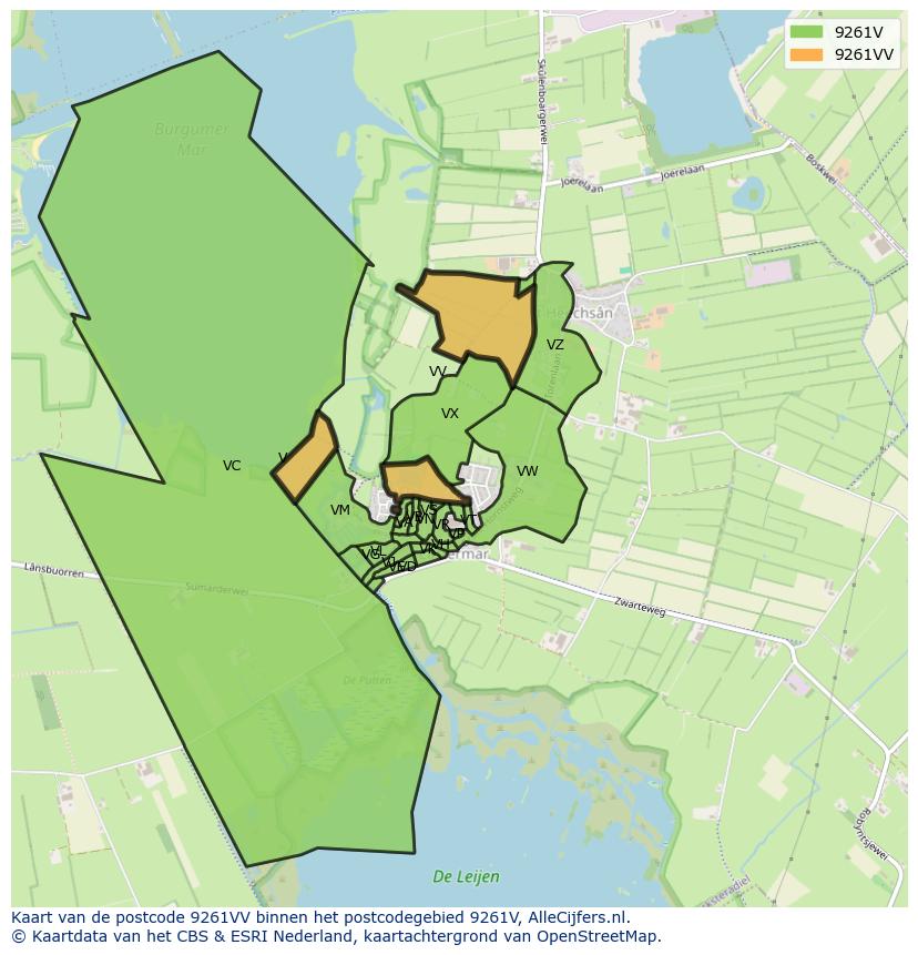 Afbeelding van het postcodegebied 9261 VV op de kaart.