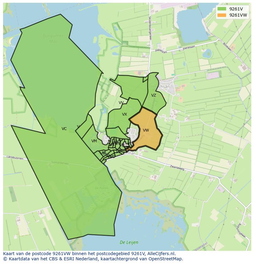 Afbeelding van het postcodegebied 9261 VW op de kaart.