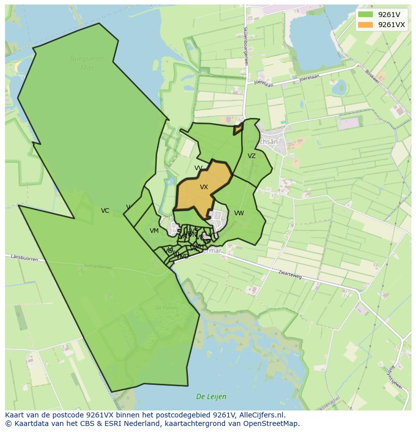 Afbeelding van het postcodegebied 9261 VX op de kaart.