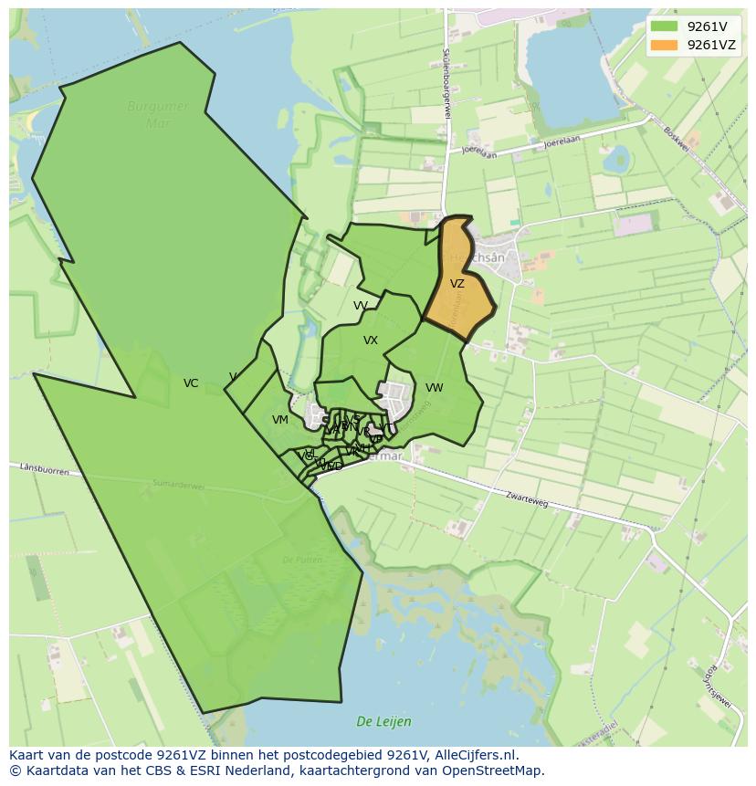 Afbeelding van het postcodegebied 9261 VZ op de kaart.