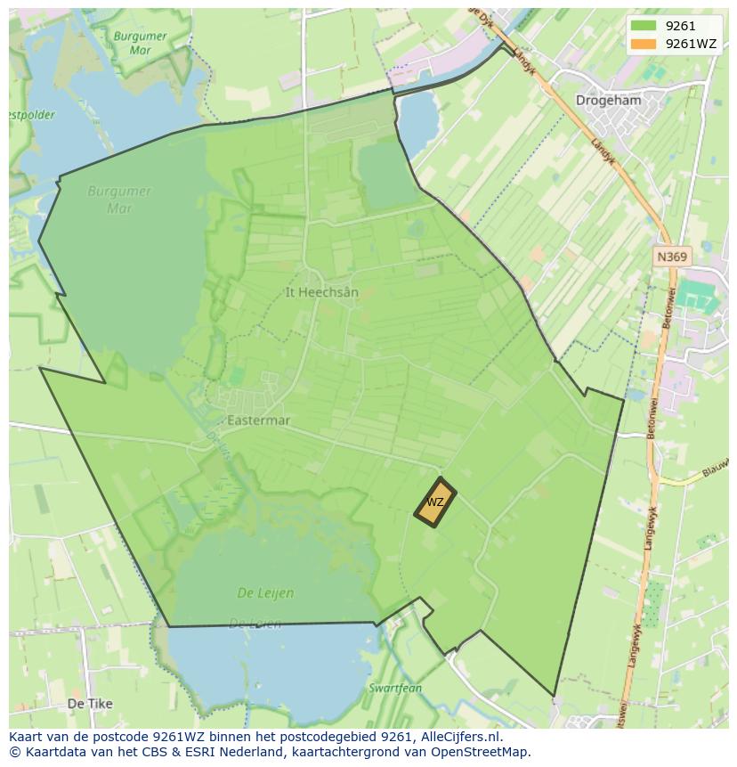Afbeelding van het postcodegebied 9261 WZ op de kaart.