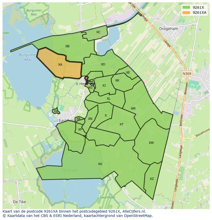 Afbeelding van het postcodegebied 9261 XA op de kaart.