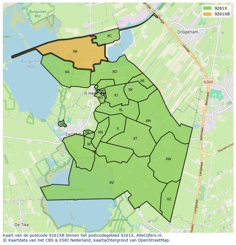 Afbeelding van het postcodegebied 9261 XB op de kaart.