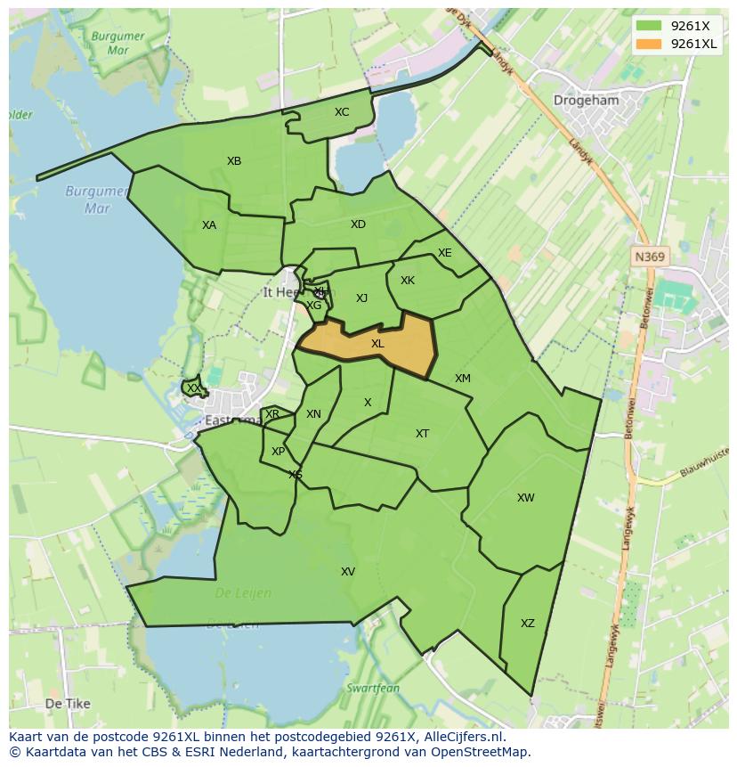 Afbeelding van het postcodegebied 9261 XL op de kaart.