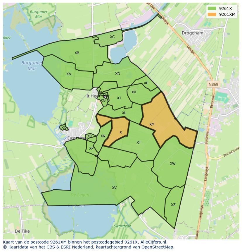 Afbeelding van het postcodegebied 9261 XM op de kaart.