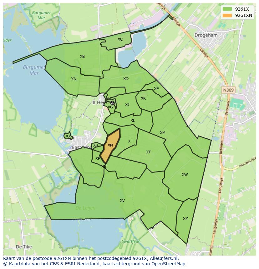 Afbeelding van het postcodegebied 9261 XN op de kaart.