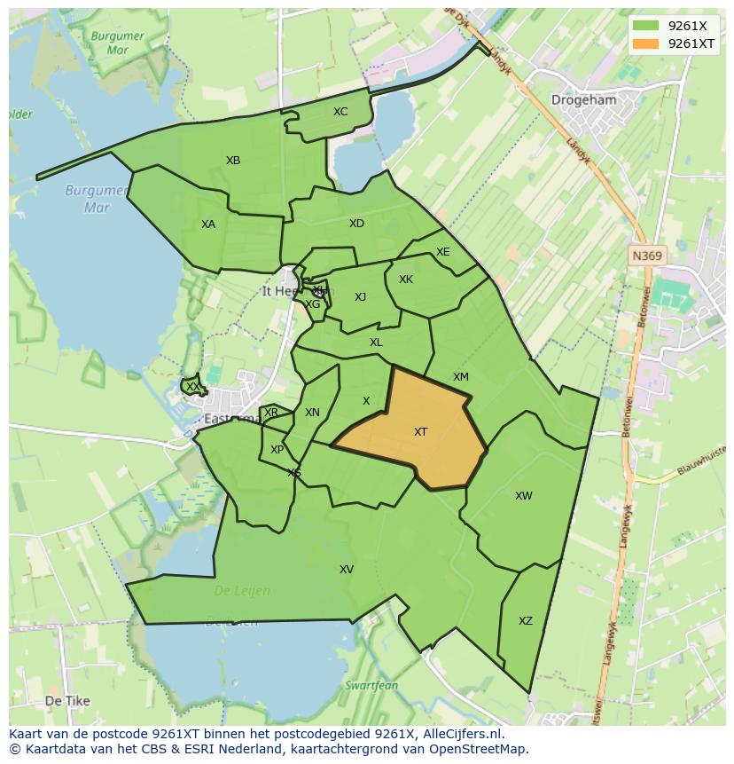 Afbeelding van het postcodegebied 9261 XT op de kaart.