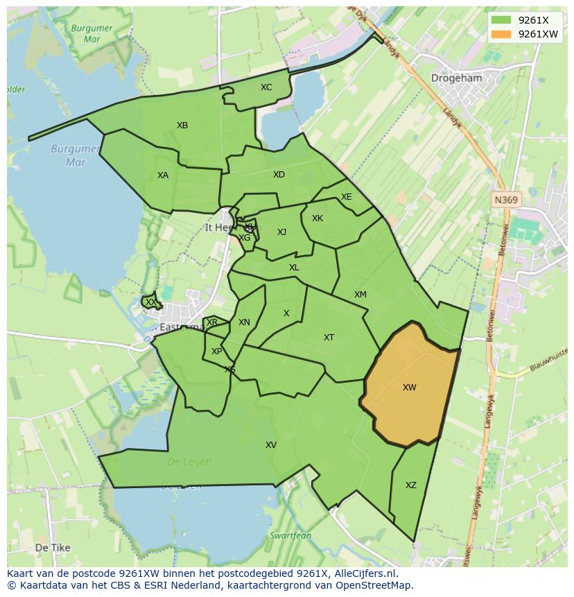 Afbeelding van het postcodegebied 9261 XW op de kaart.