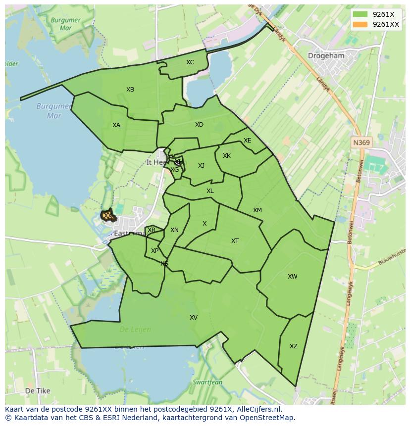 Afbeelding van het postcodegebied 9261 XX op de kaart.