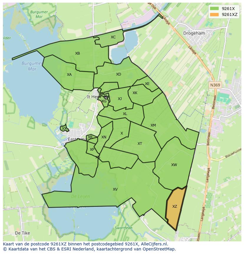 Afbeelding van het postcodegebied 9261 XZ op de kaart.