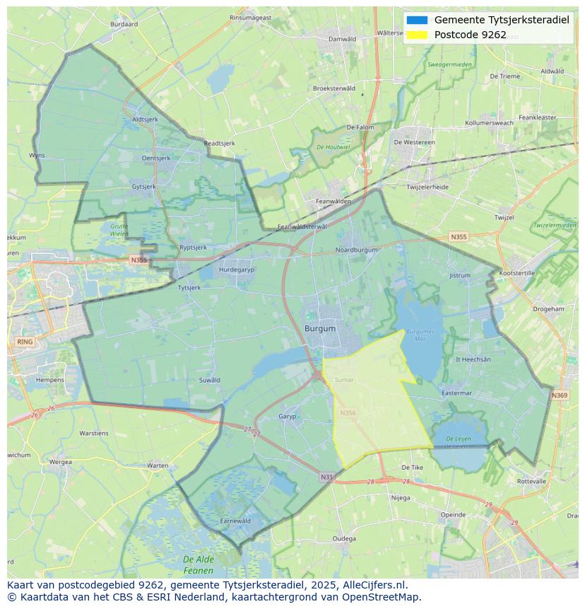 Afbeelding van het postcodegebied 9262 op de kaart.