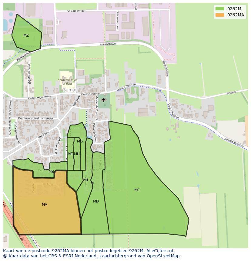 Afbeelding van het postcodegebied 9262 MA op de kaart.