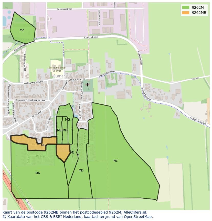 Afbeelding van het postcodegebied 9262 MB op de kaart.