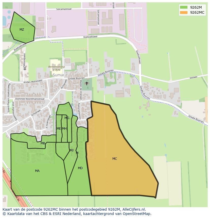 Afbeelding van het postcodegebied 9262 MC op de kaart.