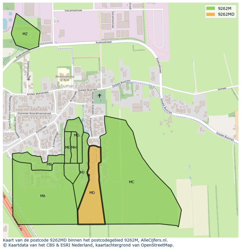 Afbeelding van het postcodegebied 9262 MD op de kaart.