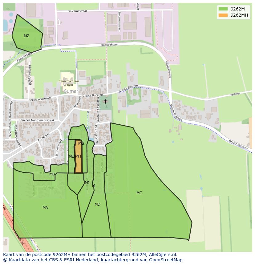 Afbeelding van het postcodegebied 9262 MH op de kaart.