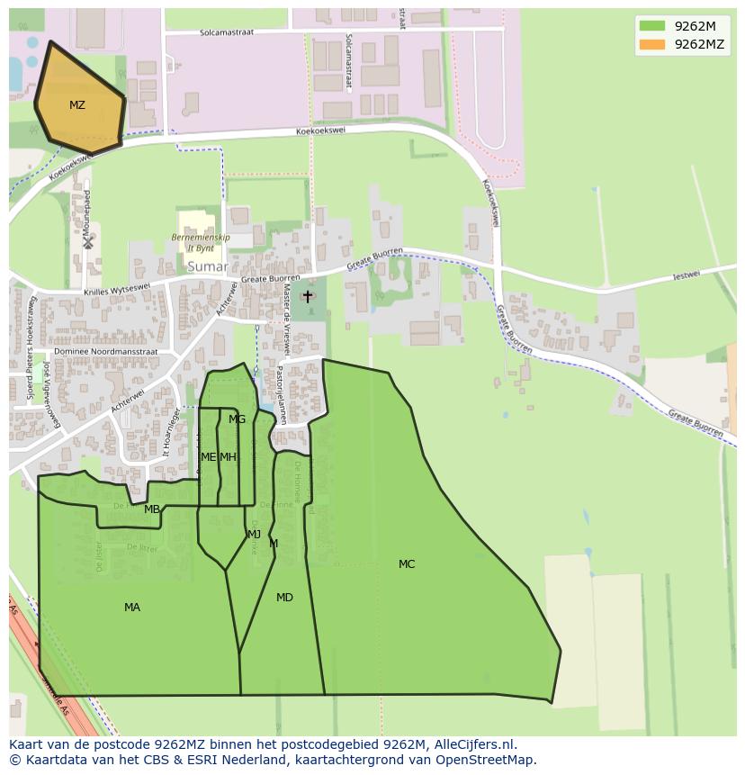 Afbeelding van het postcodegebied 9262 MZ op de kaart.