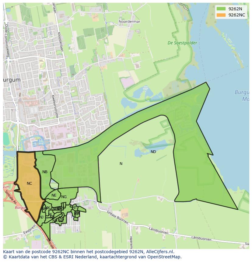 Afbeelding van het postcodegebied 9262 NC op de kaart.