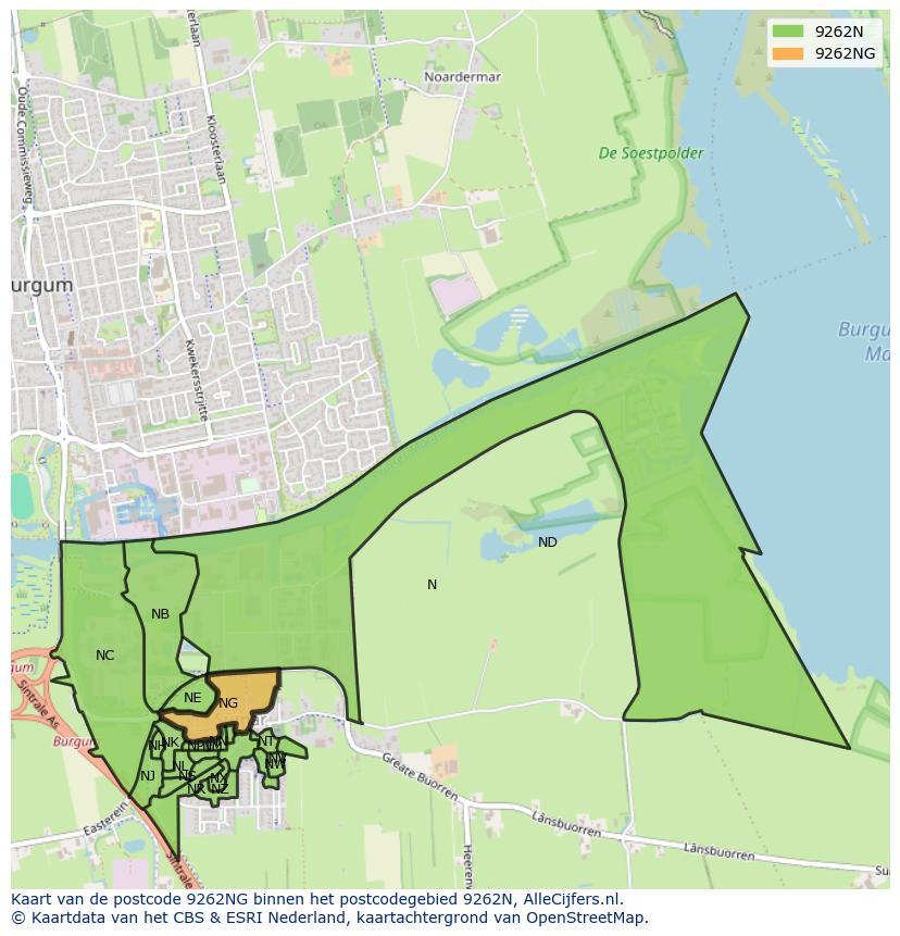 Afbeelding van het postcodegebied 9262 NG op de kaart.