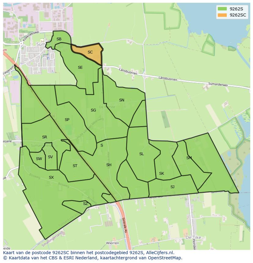Afbeelding van het postcodegebied 9262 SC op de kaart.