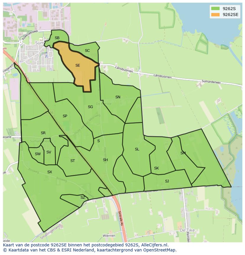 Afbeelding van het postcodegebied 9262 SE op de kaart.