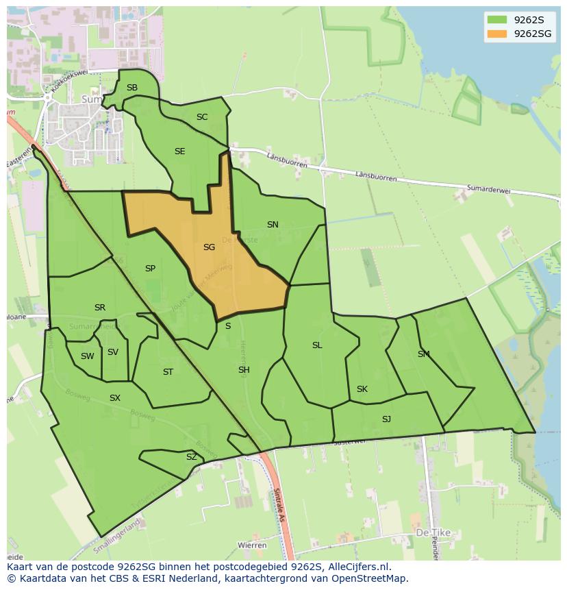 Afbeelding van het postcodegebied 9262 SG op de kaart.
